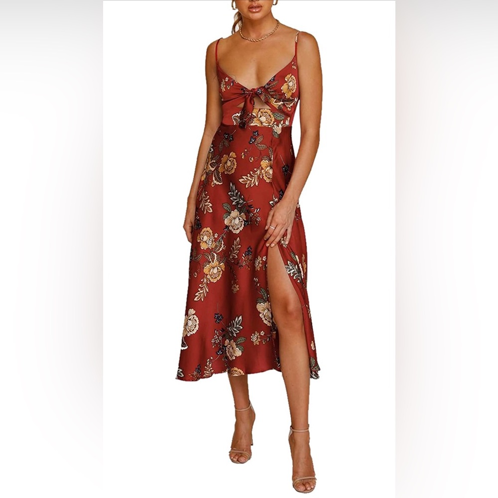 Spaghetti Strap Midi Satin Dresses Tie Front Backless Split Hollow Dress